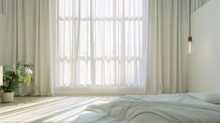 Stylish Minimalist Bedroom Setting with Tilt-Shift Photography of Window and Pendant Light