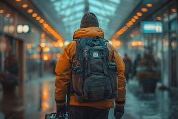 A lone figure, bundled up in a thick winter coat, stands in the bustling city streets, their backpack slung over one shoulder as they navigate the concrete jungle of the towering building