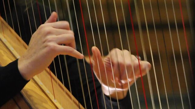 Woman's hands playing the harp as part of a symphony