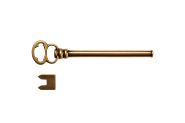Golden Key With Letter E. On a Transparent Background.
