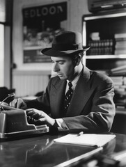 Classic 1950s office, typewriters click-clacking, the golden era of advertising, suits and fedoras - obrazy, fototapety, plakaty