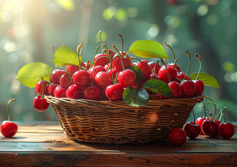 Basket full of fresh red cherries on wooden table