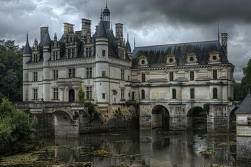 Fototapeta na wymiar Medieval Haunted Castle, Gloomy Chateau, Old France Architecture, Chenonceau, Copy Space