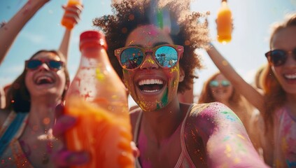 Group of friends having fun at a holi festival on the beach