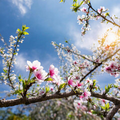 맑고 청량한 봄 하늘에 핀 아름다운 꽃 - obrazy, fototapety, plakaty