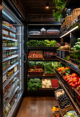 Obraz premium Fresh fruits and vegetables on the shelves in the store