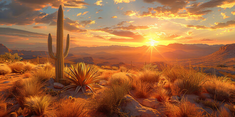 impressive mexican sunset landscape - obrazy, fototapety, plakaty