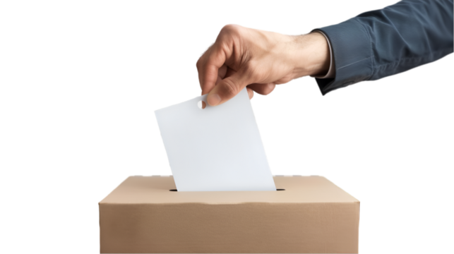 person hand putting the vote in ballot box isolated on transparent background. PNG file