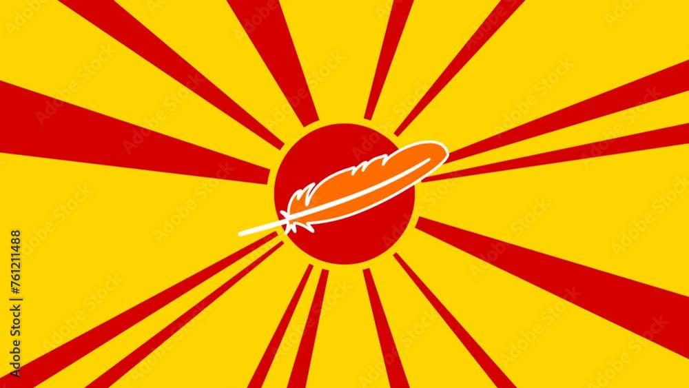 Poster feather symbol on the background of animation from moving rays of the sun. large orange symbol incre
