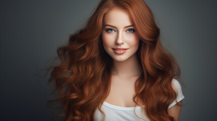 Fototapeta premium Portrait of an elegant, sexy smiling woman with perfect skin and long red hair, on a gray background, banner.