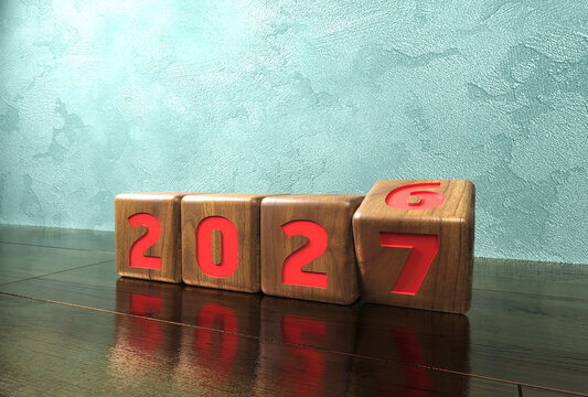 2027 four wooden box shows the year and moves from one year to another