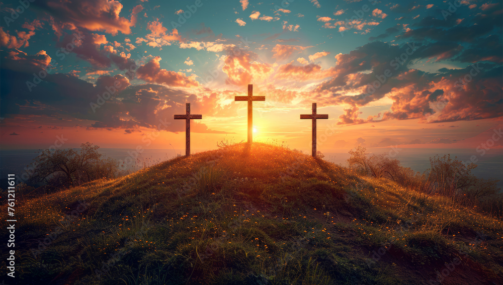 Wall mural three wooden crosses on a hill at sunset.