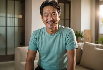 Photo of a happy middle-aged Japanese man in casual clothes relaxing inside a bright apartment