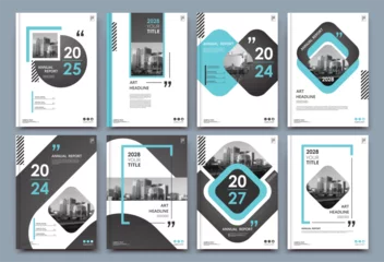 Zelfklevend Fotobehang Abstract a4 brochure cover design. Ad text frame. Urban city view font. Title sheet model. Modern vector front page. Brand logo. Banner texture. Black, white rhombus, Blue line icon. Flyer fiber © Craftsman_s