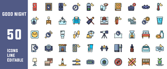 Fototapeta premium 50 Good Night Icons Set Pack Line Editable Vector Illustration 
