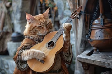 Cat Bard Plays his Lute, Cat Minstrel Song, Pet Troubadour Music, Medieval Cat Singer - obrazy, fototapety, plakaty