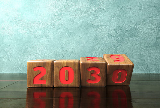 2030 four wooden box shows the year and moves from one year to another