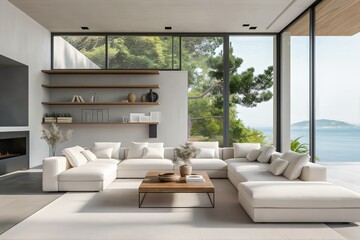 Simple modern spacious home living room design in a villa with a luxurious beige sofa and a rustic coffee table.