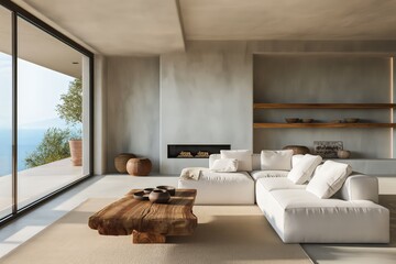 Simple modern spacious home living room design in a villa with a luxurious beige sofa and a rustic coffee table.
