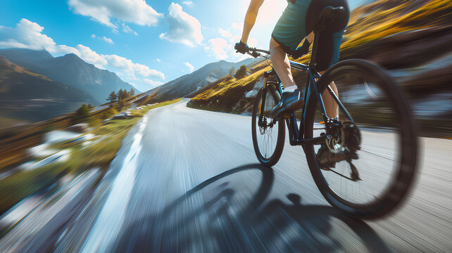 A man is riding a bicycle down a road with mountains in the background. The image has a sense of motion and excitement, as the man is pedaling down the road at a fast pace