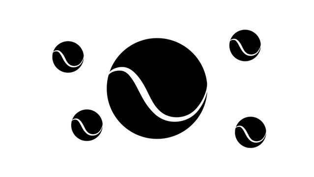 Zoom in and out animation the tennis ball symbol. Large black symbol in the center and four small symbols around. Seamless looped 4k animation on white background