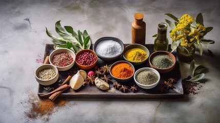 Obraz na płótnie Canvas Spices. Photo of fresh herbs. Assortment of fresh and dried seasonings and herbs on a marble background.