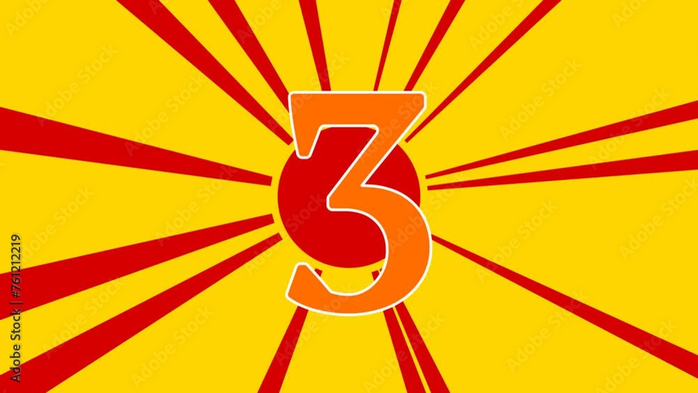 Poster number three symbol on the background of animation from moving rays of the sun. large orange symbol 