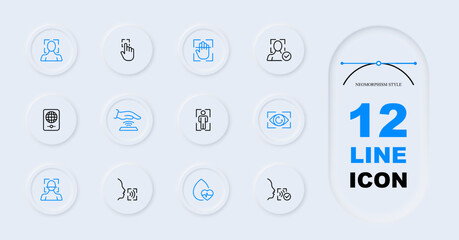Biometrics line icon set. Fingerprinting, fingerprints, identification, face control, passport, facial recognition, retinal scanning. Neomorphism style. Vector line icon for Business