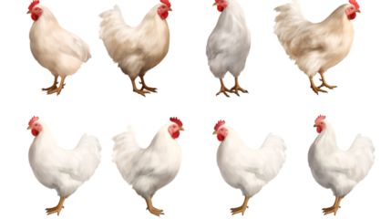 White chicken collection, animal bundle isolated on a transparent background, png