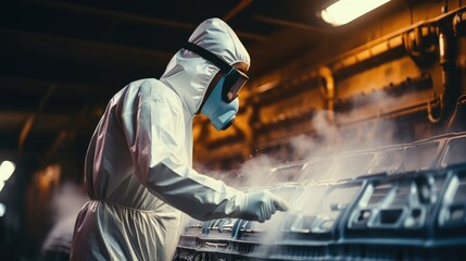 close up shot of paint spray gun, worker painting a car with air pressure gun in car factory - obrazy, fototapety, plakaty
