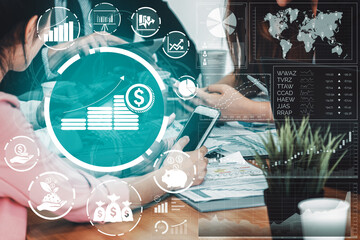 Finance and Money Transaction Technology Concept. Icon Graphic interface showing fintech trade exchange, profit statistics analysis and market analyst service in modern computer application. uds