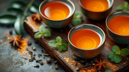 Cup of tea with mint and spices on a dark background.