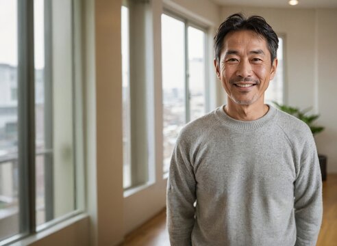 Photo of a happy middle-aged Japanese man in casual clothes relaxing inside a bright apartment