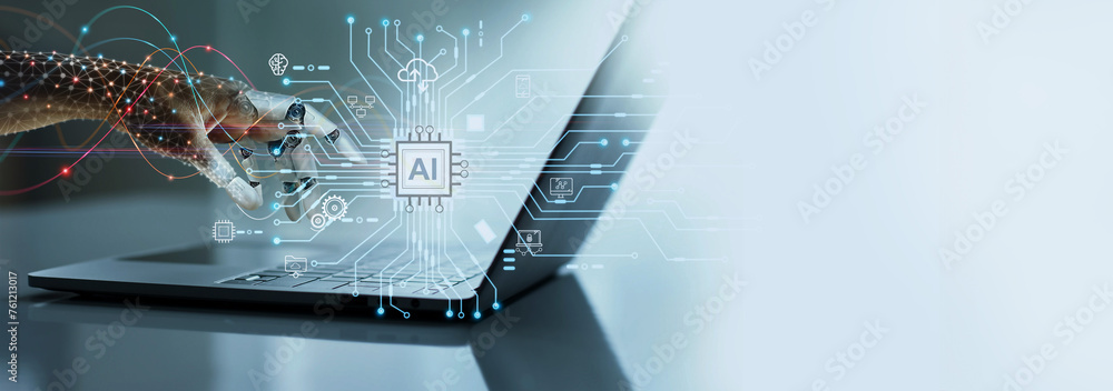 Poster A combination of work between AI and humans, exchange of data on network, Machine learning, Revolution of AI, Robot, Deep learning, Science and artificial intelligence technology of futuristic.