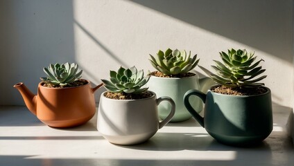 Fototapeta premium Morning light casts a warm glow on a charming set of teapot planters, each with thriving succulents, showcasing an imaginative and light-hearted take on home gardening