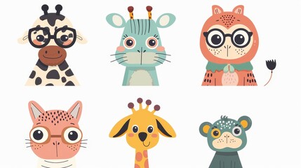 A set of cutest animal characters with funny faces. Sassy cool head portraits set, with giraffe, frog, cat, dog, monkey faces. Modern illustrations on white background.