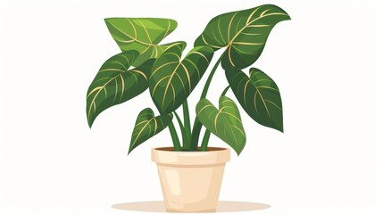 A Philodendron bernardopazii plant growing in a pot and in a floor planter. Home indoor decoration with green leaves in a flat modern illustration.
