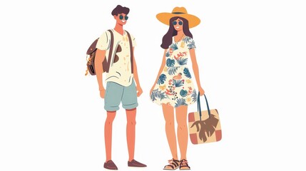 Young stylish couple wearing trendy clothes in modern style, isolated on white. Young man in shorts and woman in dress. Flat modern illustration in summer season.