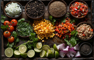 Ingredients for mexican dish with black beans limes cilantro tomatoes onions corn cilantro and spices on wooden background