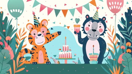 Happy birthday card design, funny wild animals. Cute funky friends celebrating holiday, anniversary party celebration with cake, gifts, presents, creative postcard.