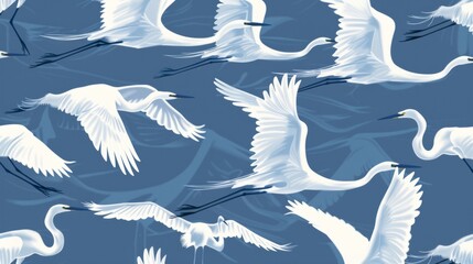 Fototapeta premium White feathered herons flock flying, endless background design. Flying egrets soaring, gliding in the sky, repeating pattern. Flat modern illustration for textile, wrapping.