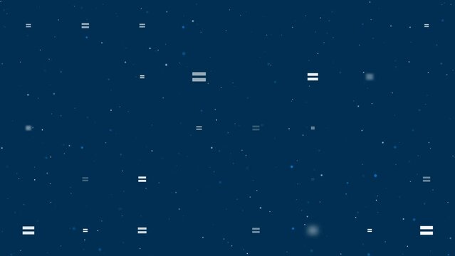 Template animation of evenly spaced equals symbols of different sizes and opacity. Animation of transparency and size. Seamless looped 4k animation on dark blue background with stars