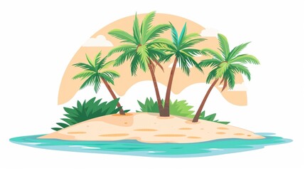 Fototapeta na wymiar There are palm trees on a sandy island. Tropical leaf plants growing on it. An exotic south uninhabited area, a summer resort, a paradise in the south. A flat modern illustration isolated on white.