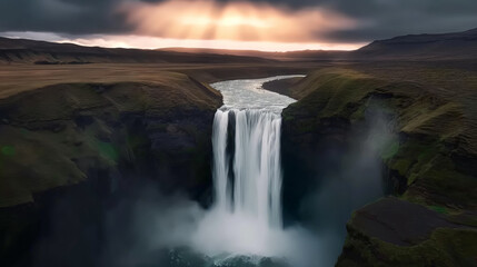 Mesmerizing long exposure shot capturing the iconic waterfall landscape of Iceland - obrazy, fototapety, plakaty