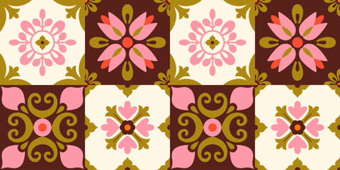 Modern folk tile seamless pattern. Retro floral geometric background. Mediterranean design. Abstract mosaic, patchwork. © IRYNA