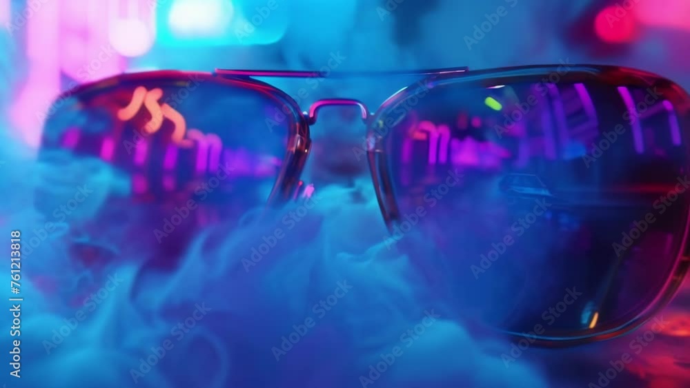 Poster slow zoom in on a pair of neon sungles the lenses reflecting abstract patterns of neon lights and sm