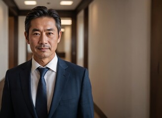 Fototapeta premium Portrait of a smiling Japanese business leader exuding expertise in a contemporary workspace
