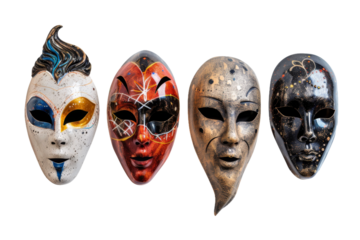Five Different Masks With Various Colors and Designs. On a Transparent Background.