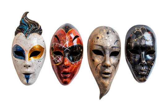 Five Different Masks With Various Colors and Designs. On a Transparent Background.