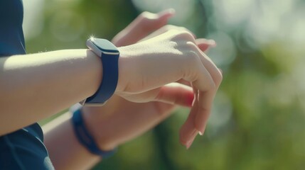 A pair of hands holding a fitness tracker and monitoring exercise statistics